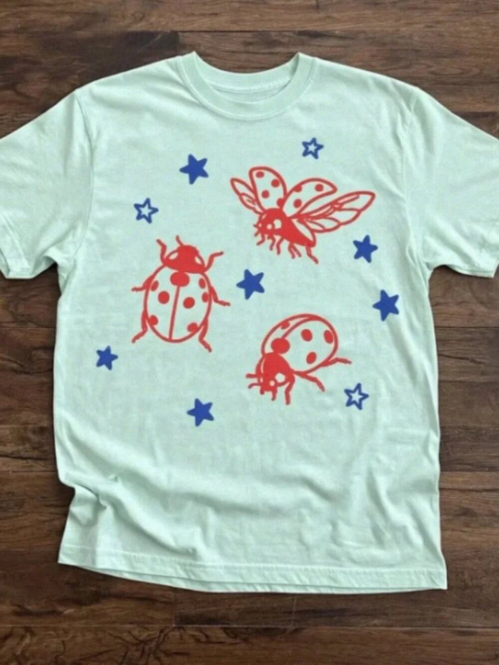 Ladybug T-Shirt Cute Stars Mint Green Tee S
